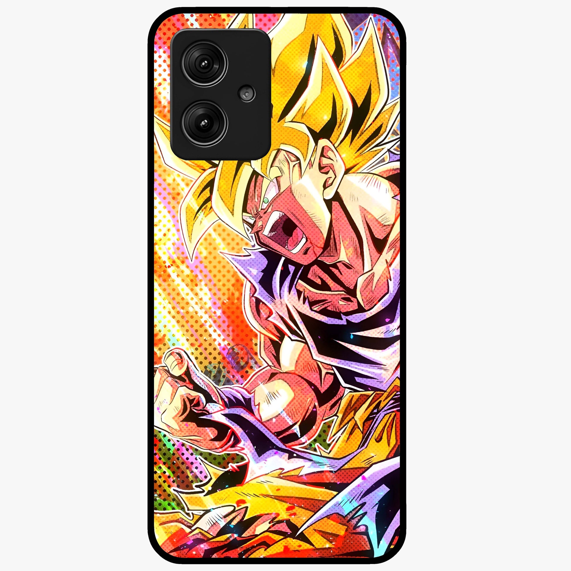 Firing Goku Glass Case showing flat back view with powerful anime inspired artwork and glossy glass finish.