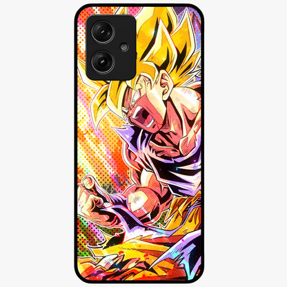 Firing Goku Glass Case showing flat back view with powerful anime inspired artwork and glossy glass finish.