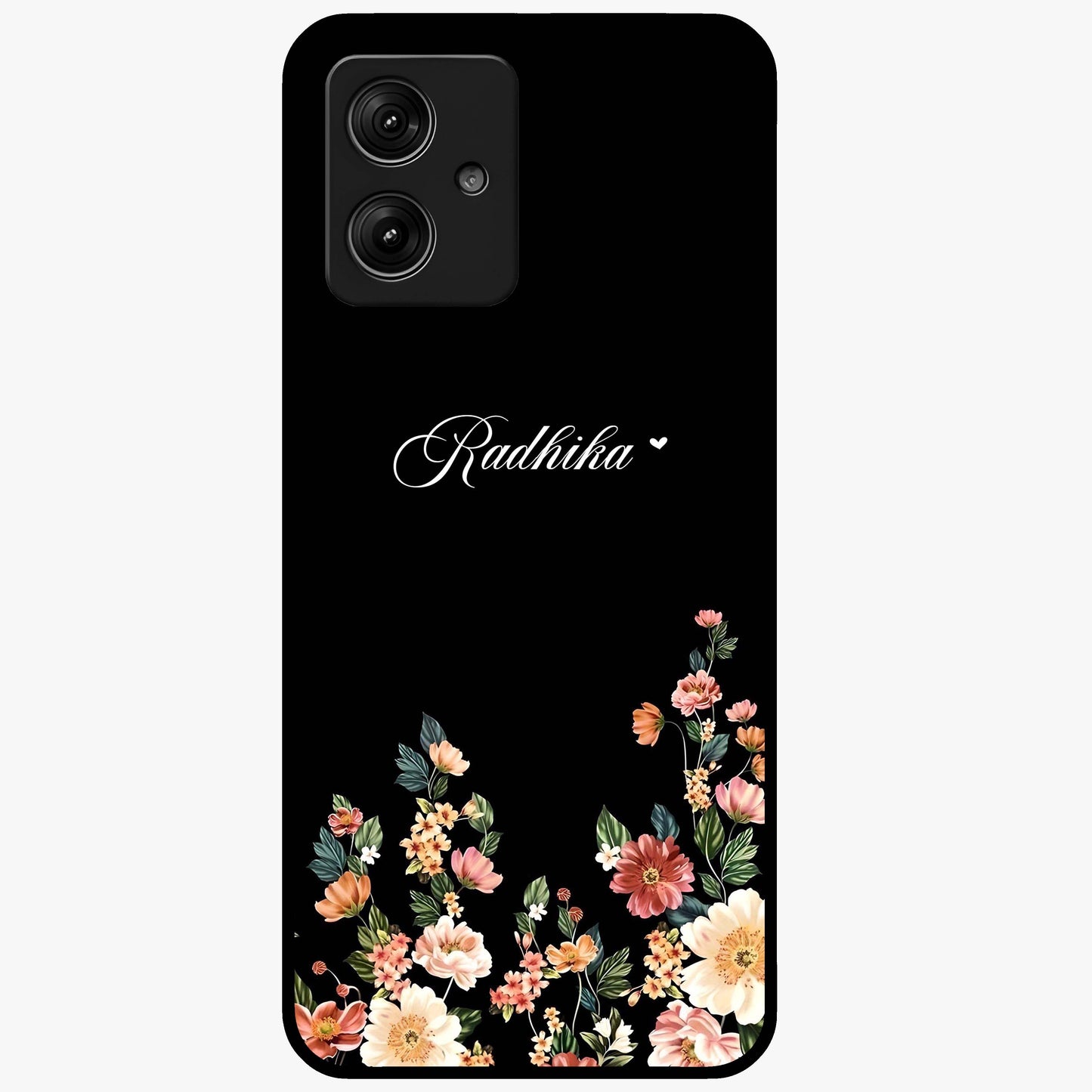 Floral Design With a Custom Personalized Name Glass Case showing flat back view with floral artwork and personalized name design.
