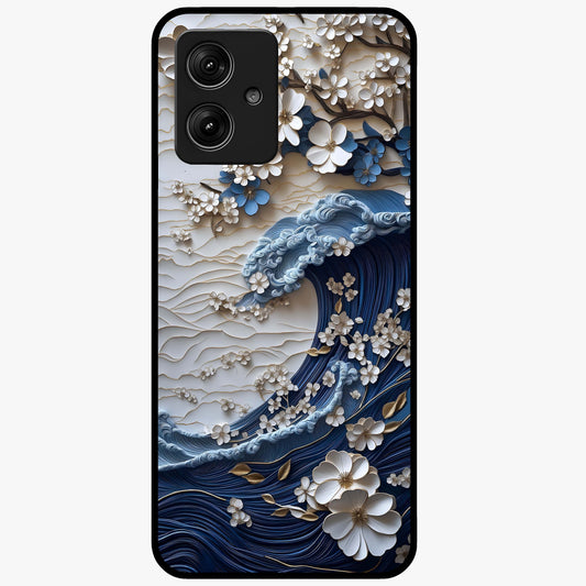Floral Wave Origami Glass Case showing flat back view with origami inspired floral wave artwork and glossy glass finish.