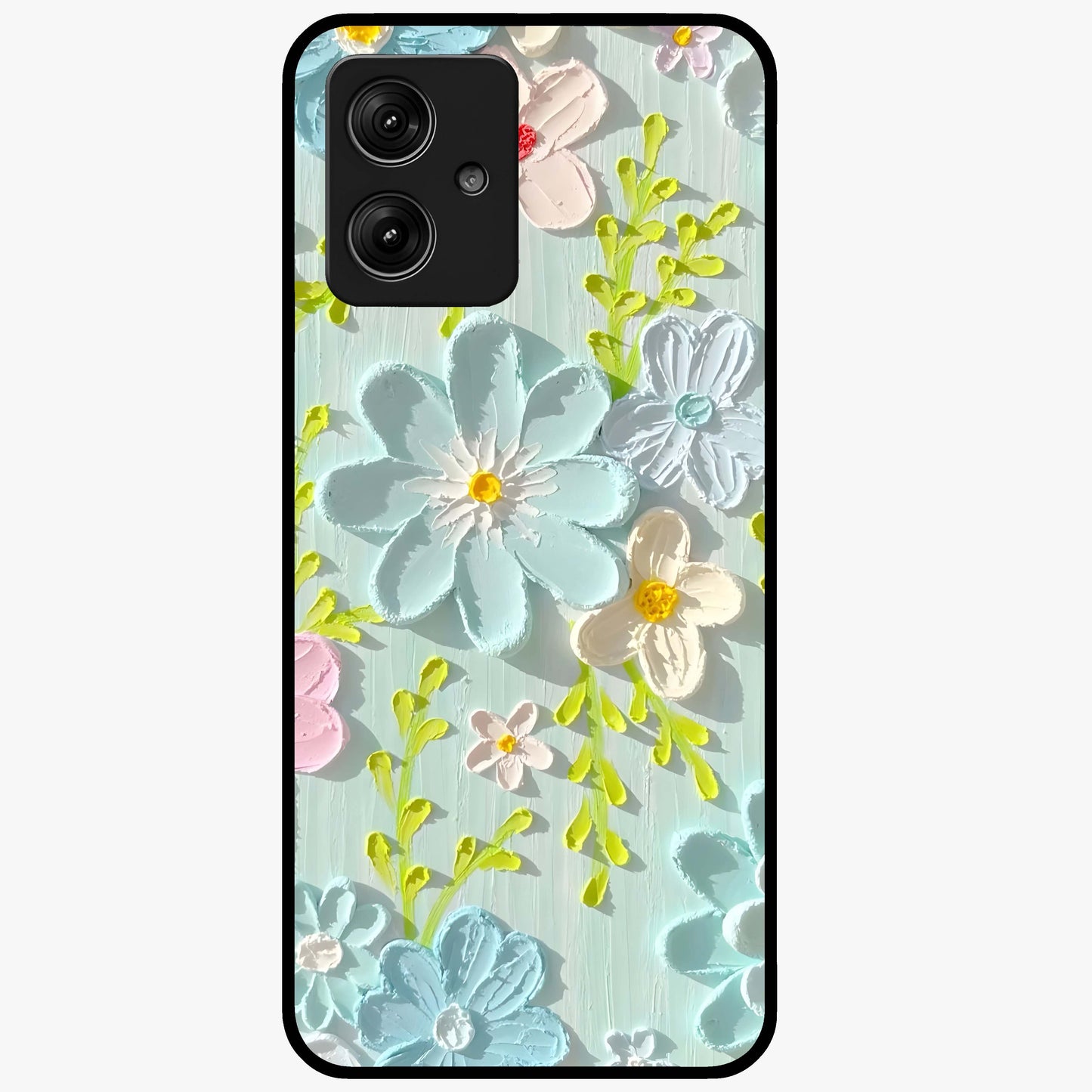 Frosted Petal Garden Glass Case showing flat back view with soft frosted floral artwork and glossy glass finish.