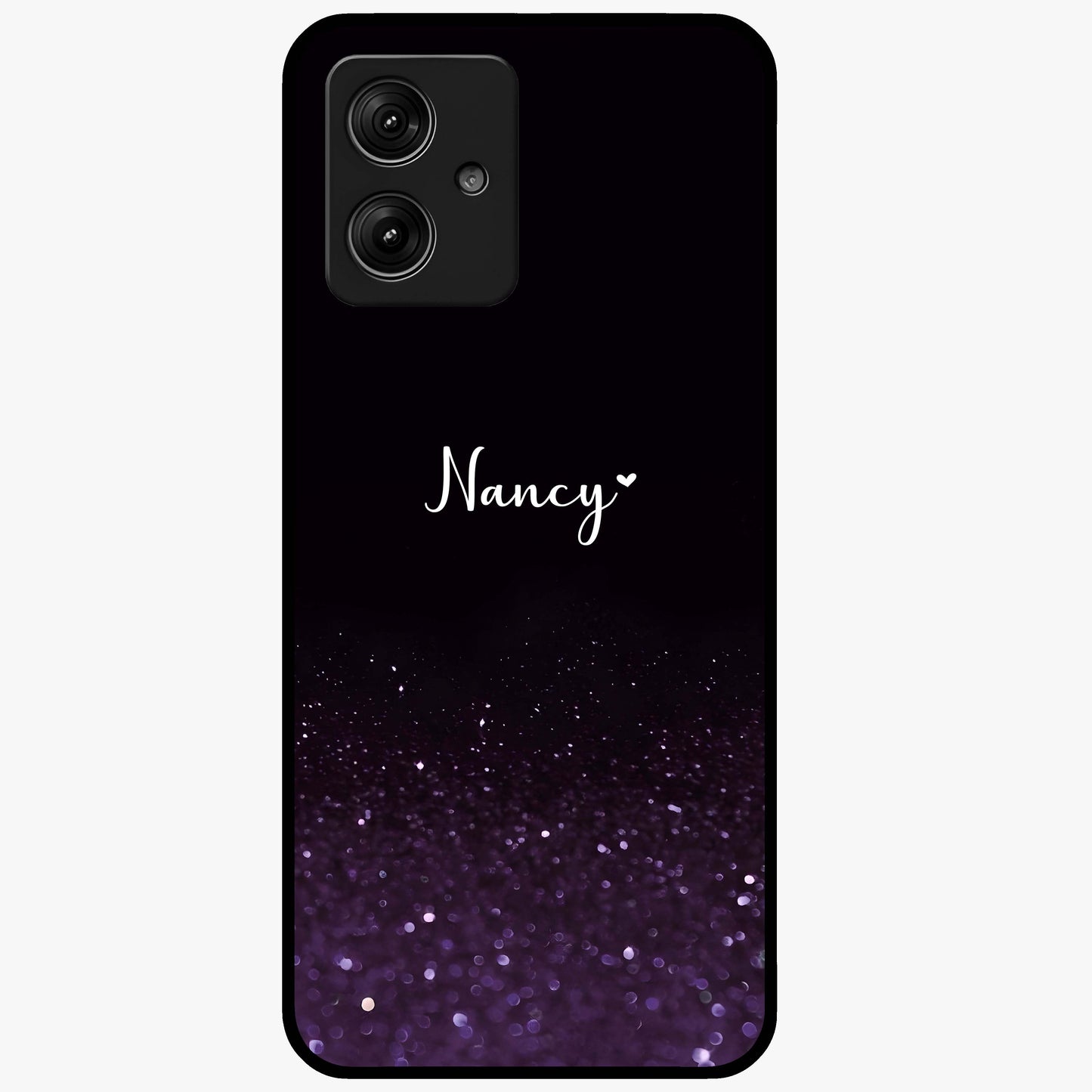 Glittery Purple Bokeh Custom Name Glass Case showing flat back view with purple bokeh sparkle artwork and personalized name design.