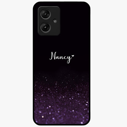 Glittery Purple Bokeh Custom Name Glass Case showing flat back view with purple bokeh sparkle artwork and personalized name design.