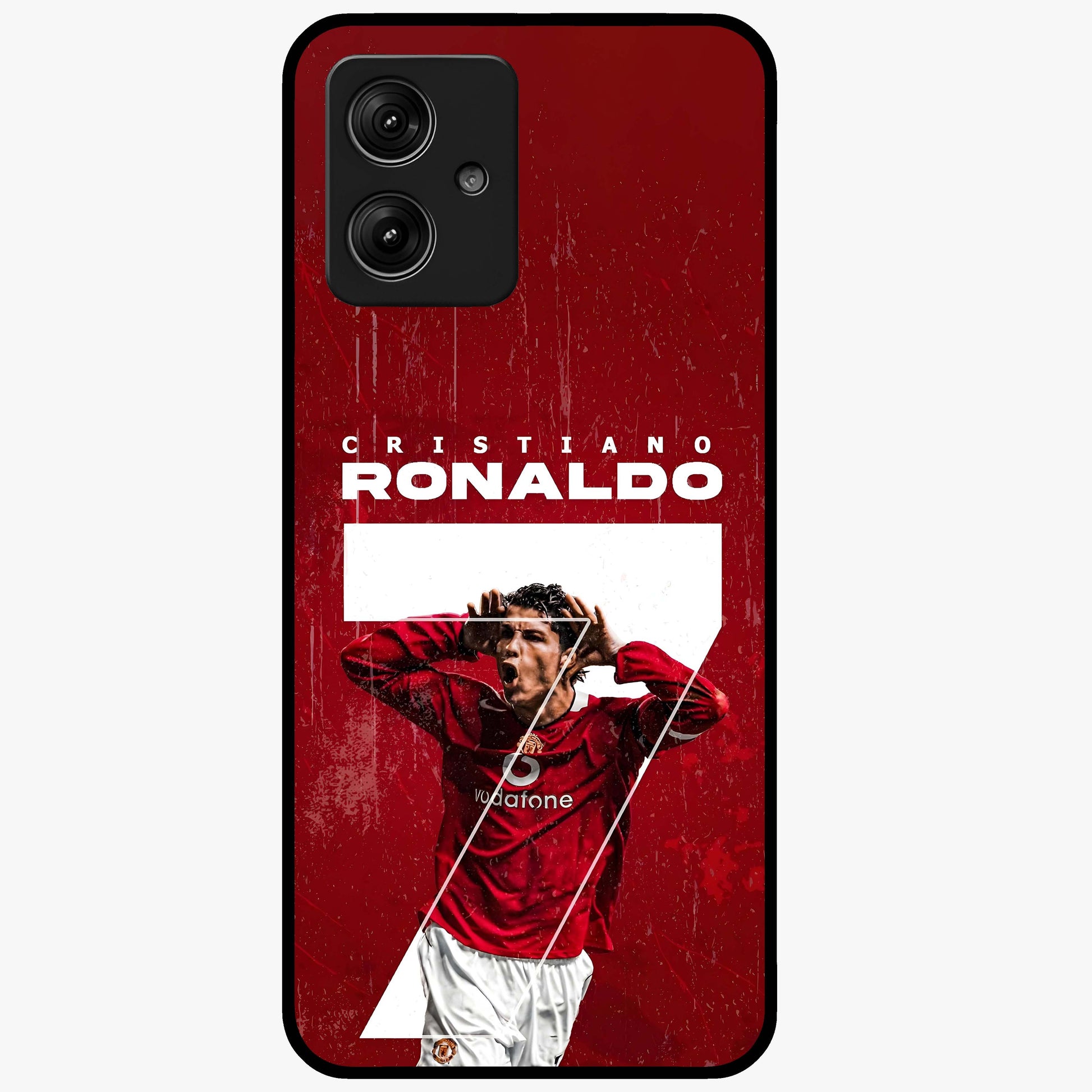 Goal Celebration Legacy Glass Case showing flat back view with football celebration inspired artwork and glossy glass finish.