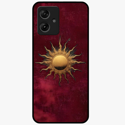 Gold Sun Blush Glass Case showing flat back view with golden sun inspired artwork and glossy glass finish.