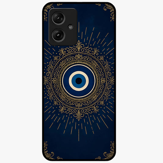 Golden Evil Eye Mandala Glass Case showing flat back view with intricate evil eye mandala artwork and glossy glass finish.
