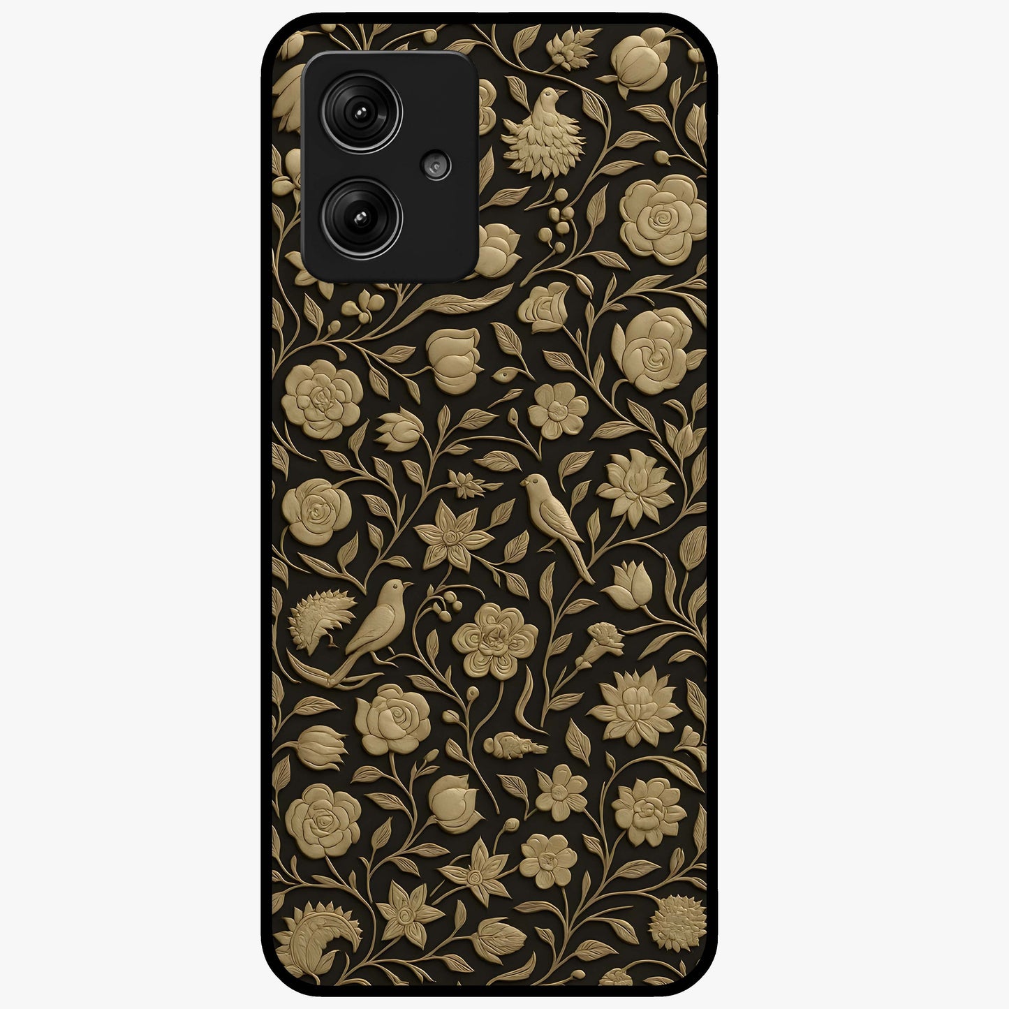 Golden Floral Majesty Glass Case showing flat back view with luxurious golden floral artwork and glossy glass finish.