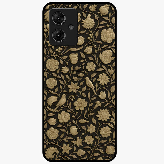 Golden Floral Majesty Glass Case showing flat back view with luxurious golden floral artwork and glossy glass finish.