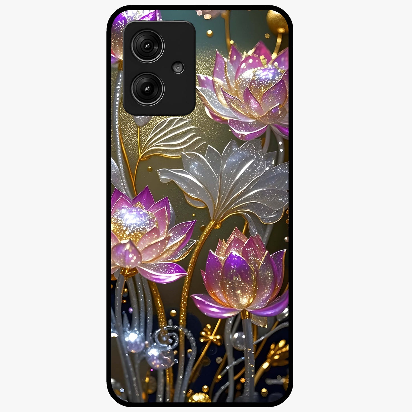Golden Lotus Glow Glass Case showing flat back view with glowing lotus flower artwork and glossy glass finish.