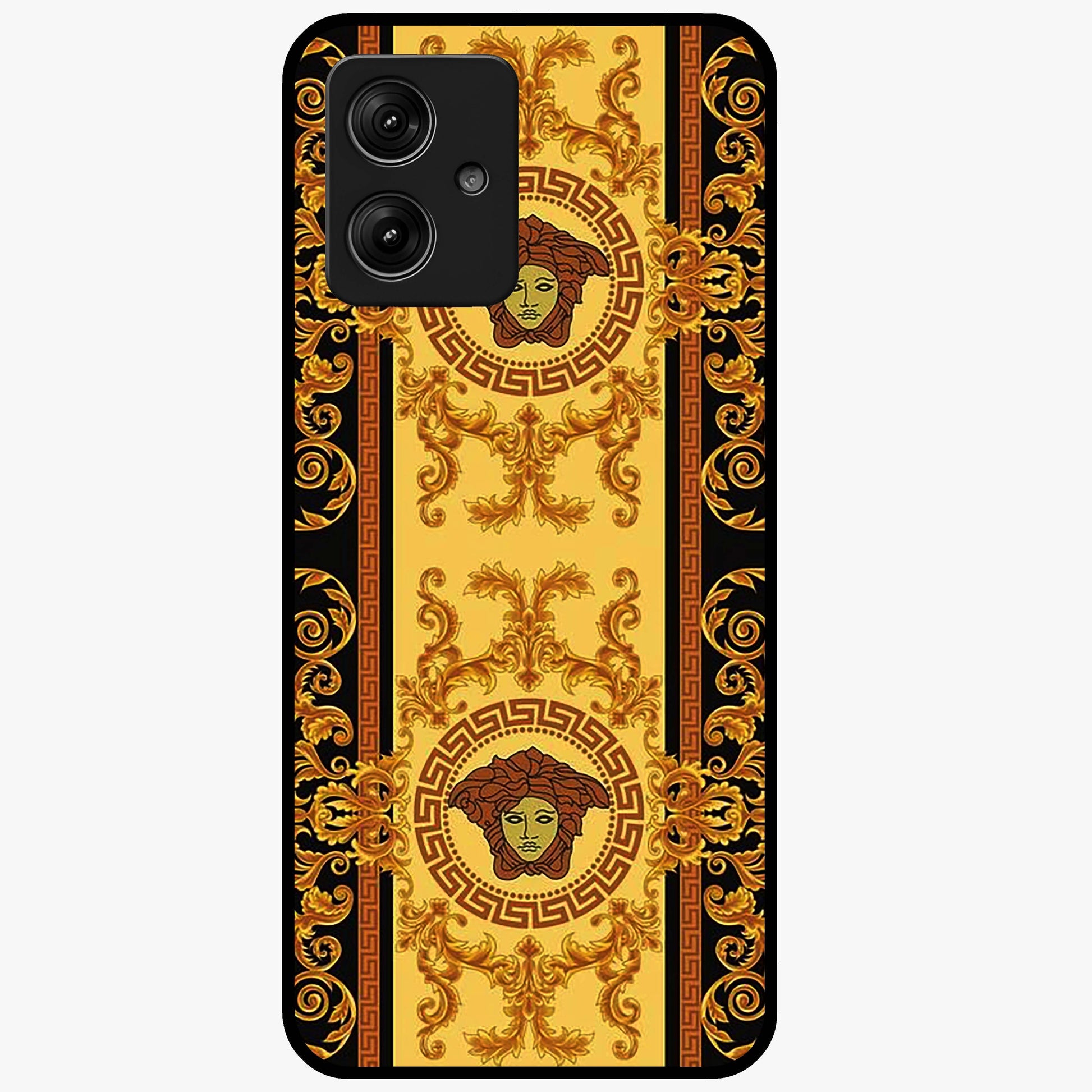 Golden Royal Heritage Glass Case showing flat back view with ornate royal pattern artwork and glossy glass finish.