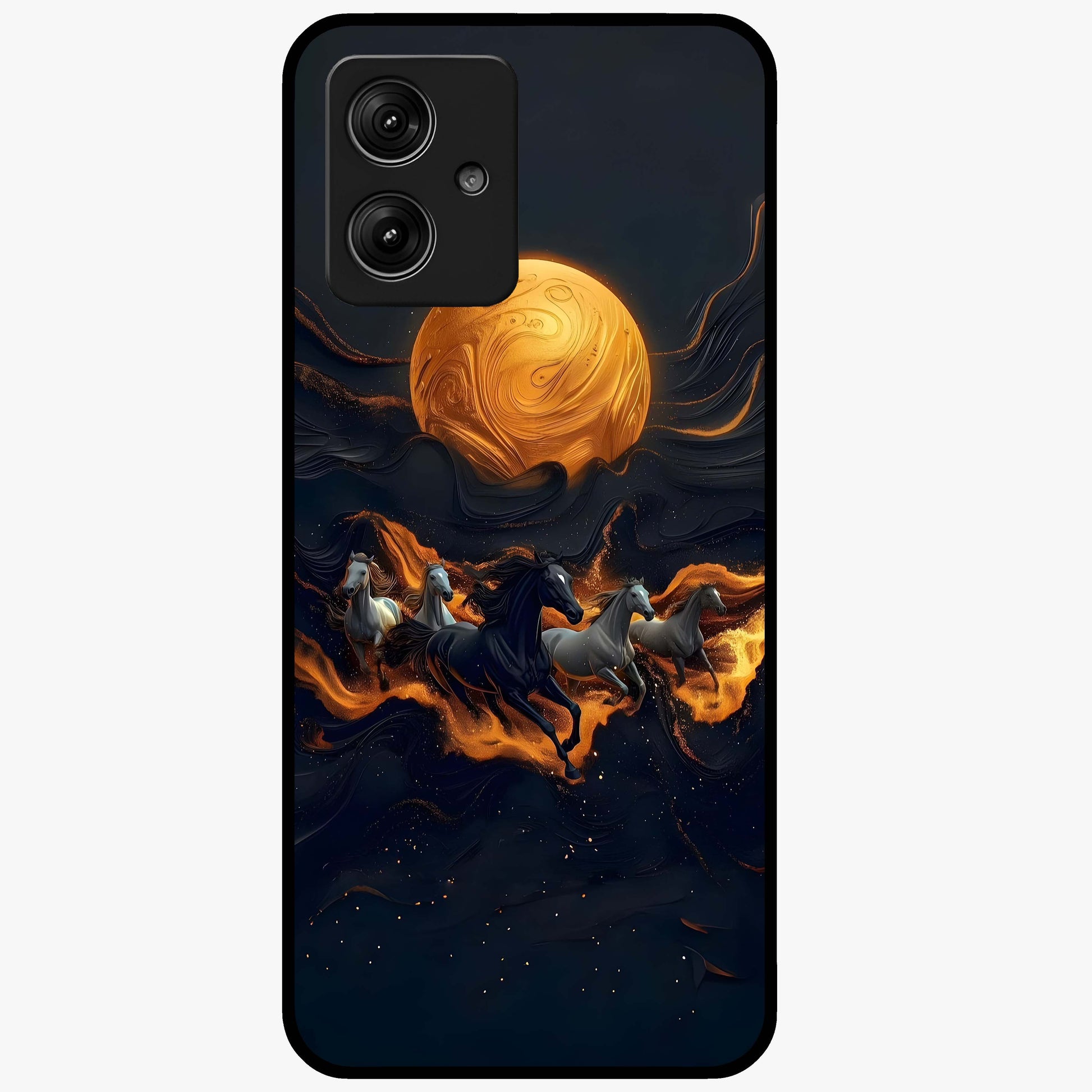 Golden Stallion Moonride Glass Case showing flat back view with majestic horse under moonlight artwork and glossy glass finish.