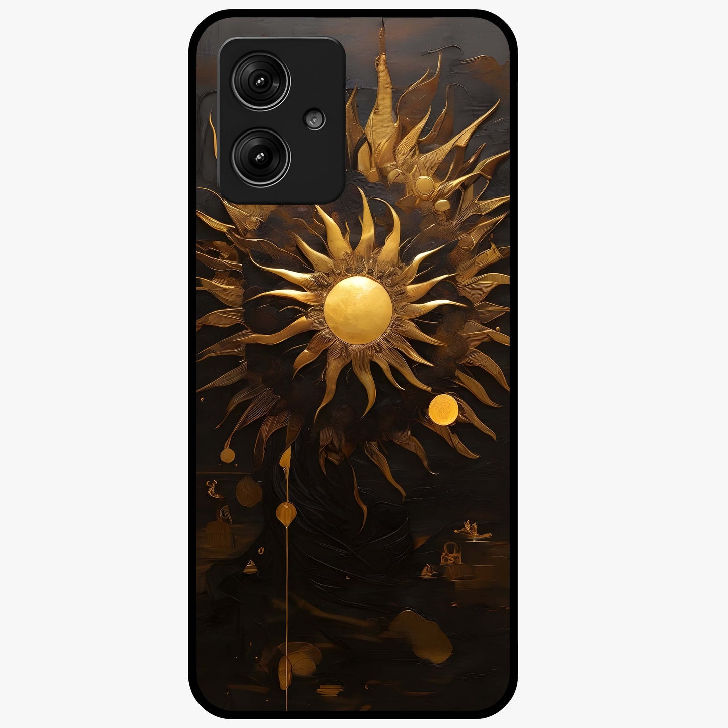 Golden Sun Majesty Glass Case showing flat back view with radiant golden sun artwork and glossy glass finish.