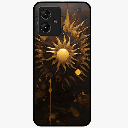 Golden Sun Majesty Glass Case showing flat back view with radiant golden sun artwork and glossy glass finish.