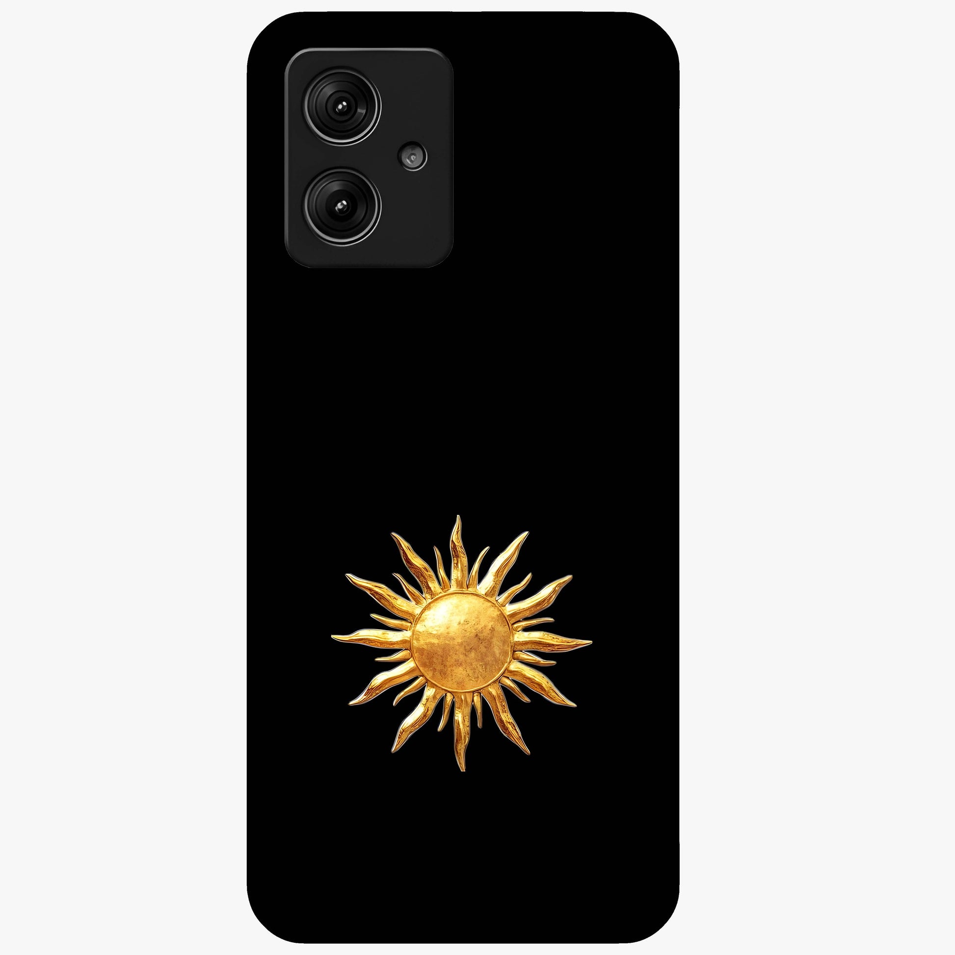 Golden Sun Minimalism Glass Case showing flat back view with minimal golden sun artwork and glossy glass finish.