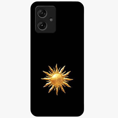 Golden Sun Minimalism Glass Case showing flat back view with minimal golden sun artwork and glossy glass finish.