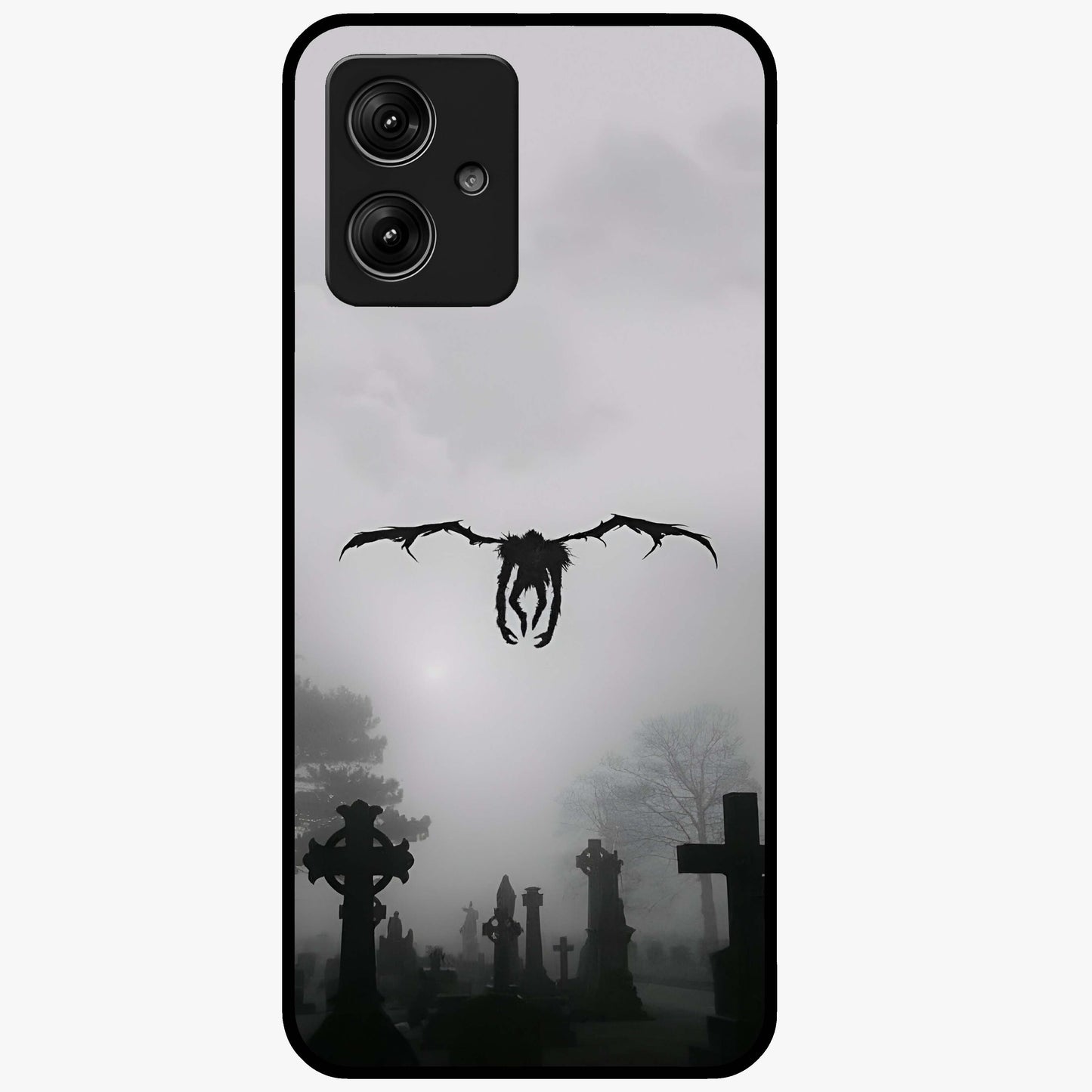 Graveyard Shadow Descent Glass Case showing flat back view with dark graveyard themed artwork and glossy glass finish.