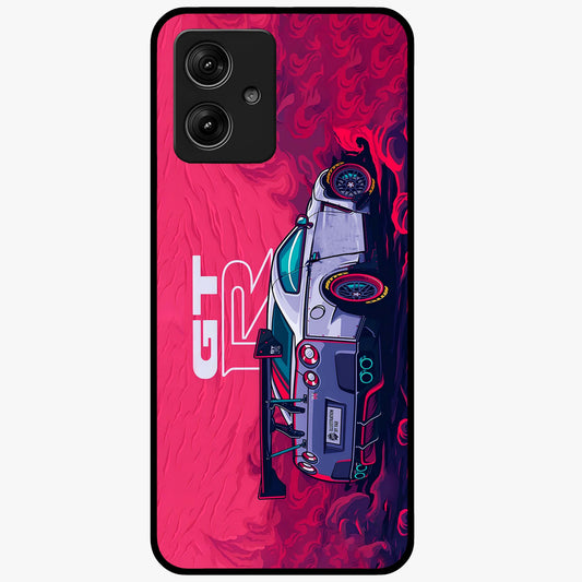 GT-R Car Pattern Glass Case showing flat back view with sporty car inspired pattern artwork and glossy glass finish.