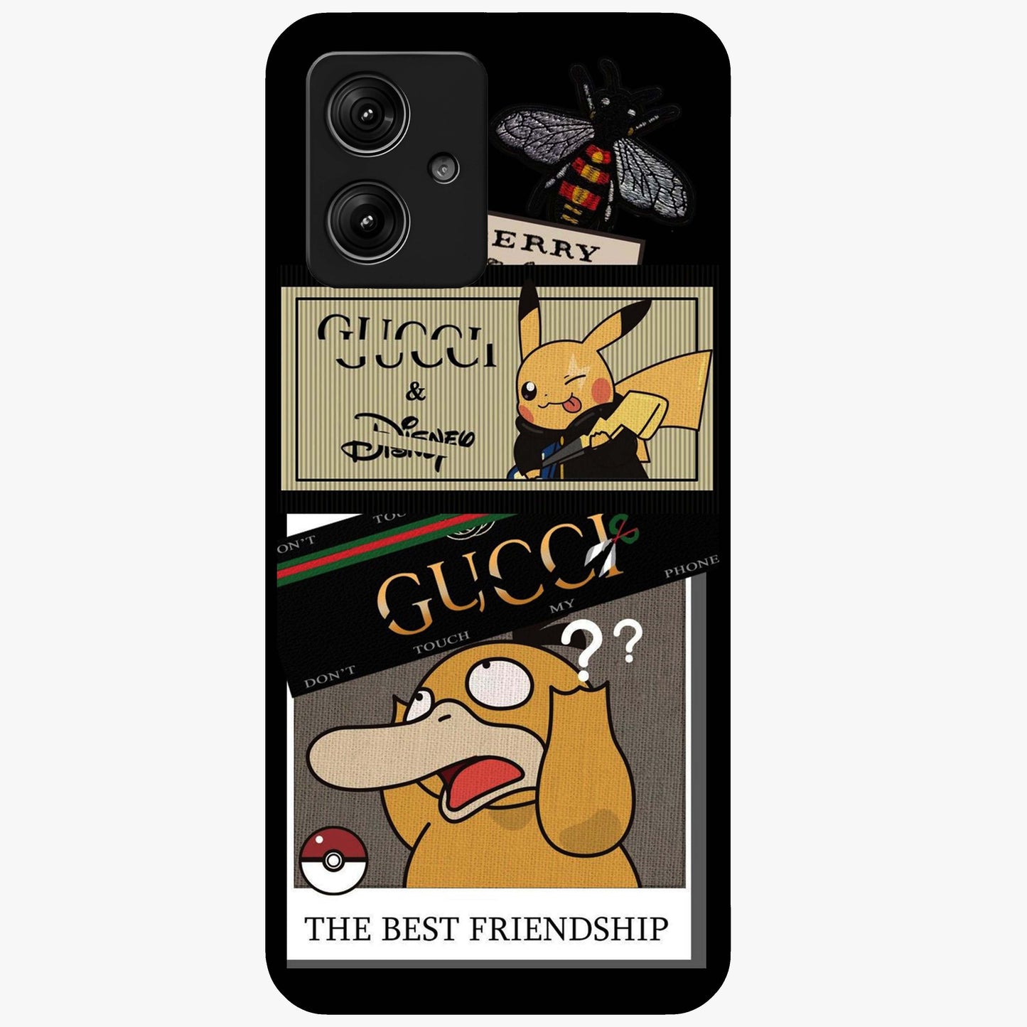 Gucci Play Mashup Glass Case showing flat back view with luxury inspired graphic artwork and glossy glass finish.