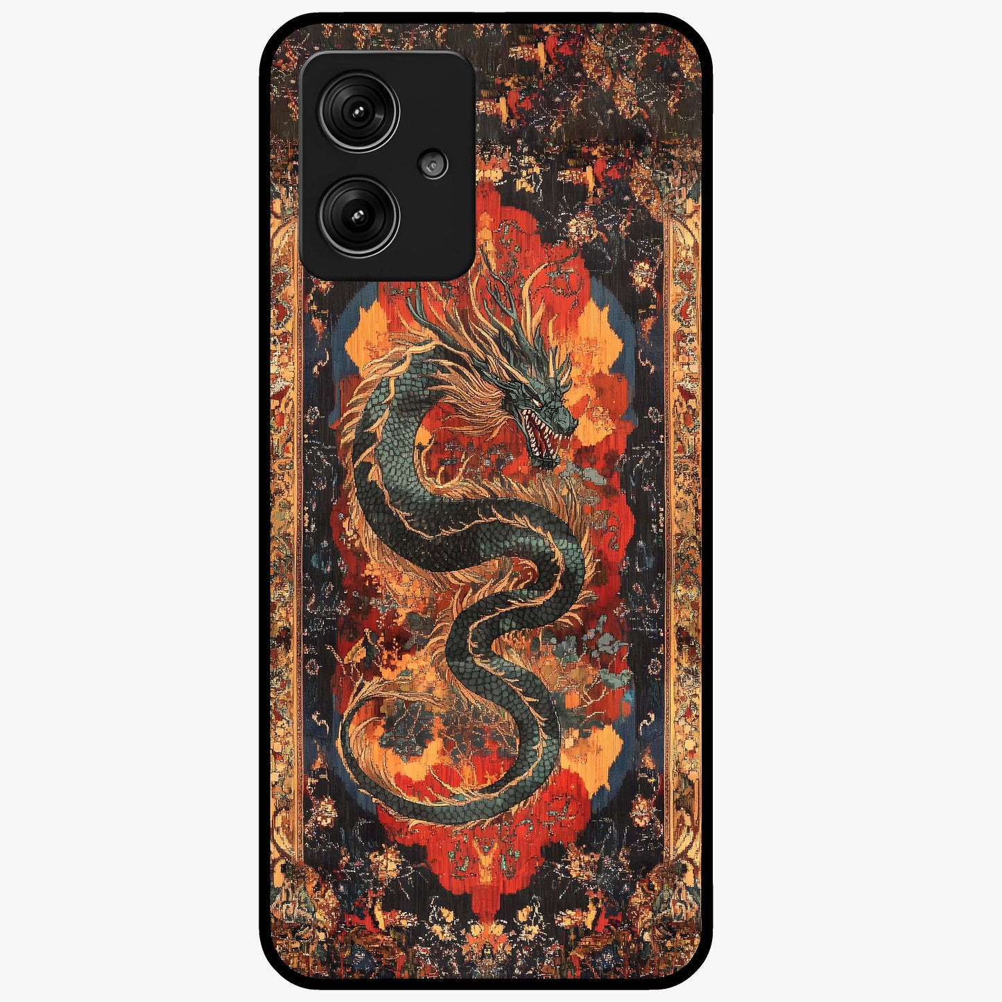 Inferno Dragon Soul Glass Case showing flat back view with fiery dragon artwork and glossy glass finish.