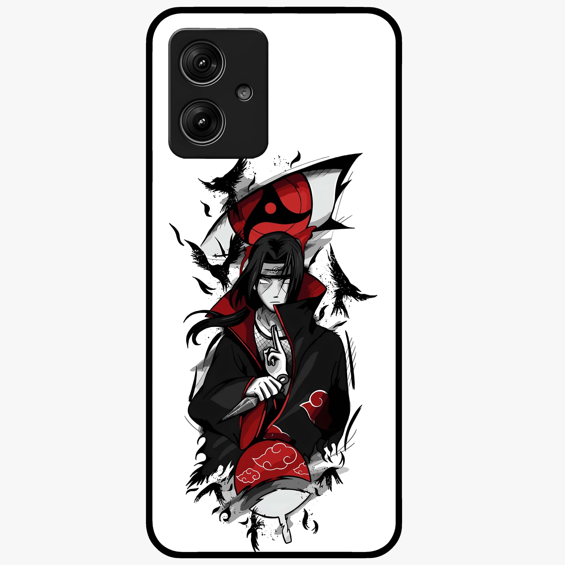 Itachi Sharingan Glass Case showing flat back view with powerful anime eye artwork and glossy glass finish.