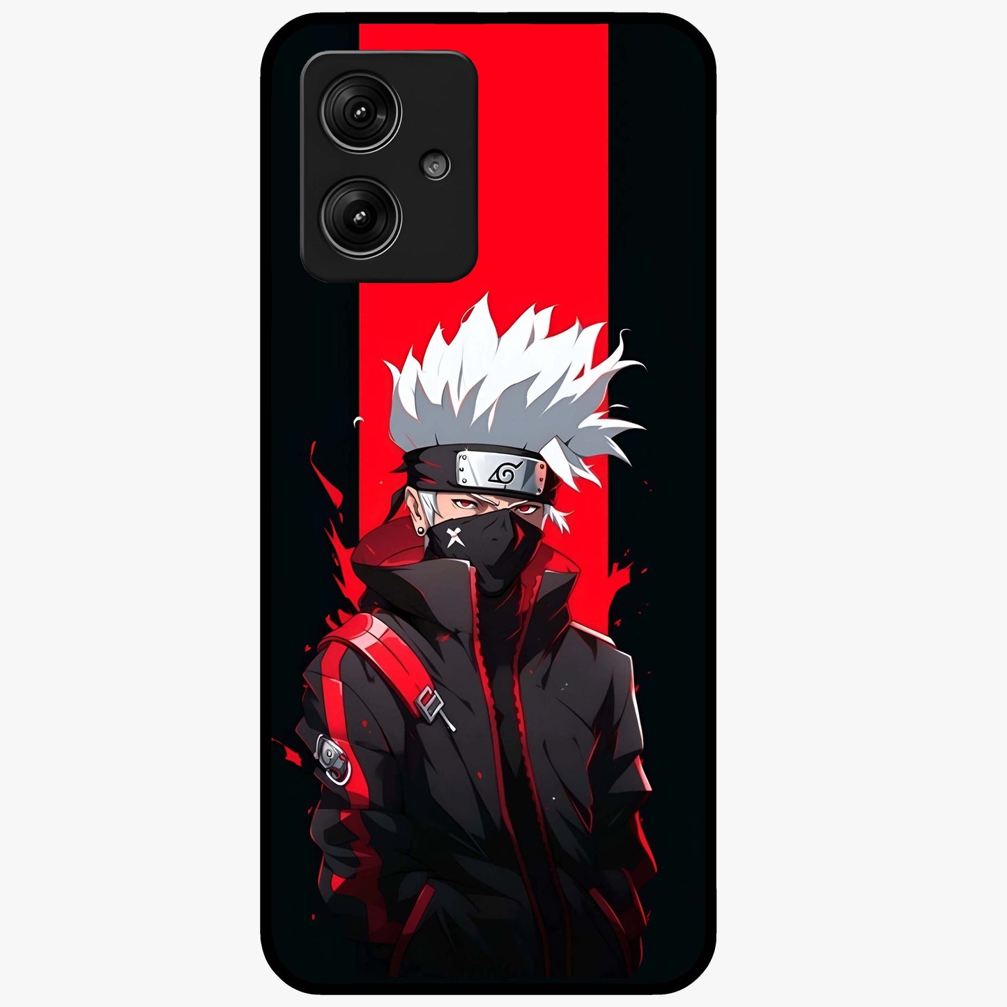 Kakashi Scarlet Shadow Glass Case showing flat back view with powerful anime ninja artwork and glossy glass finish.