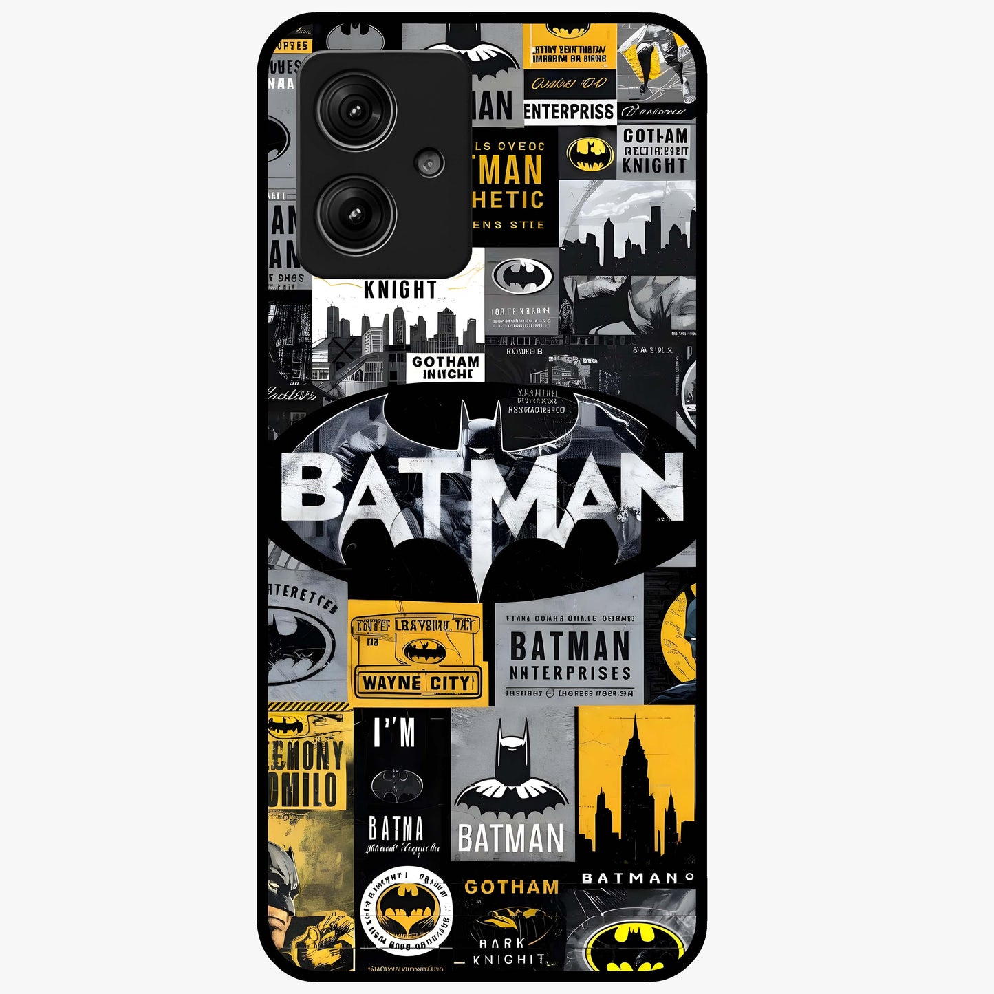 Knight Gotham Rise Glass Case showing flat back view with dark hero inspired artwork and glossy glass finish.