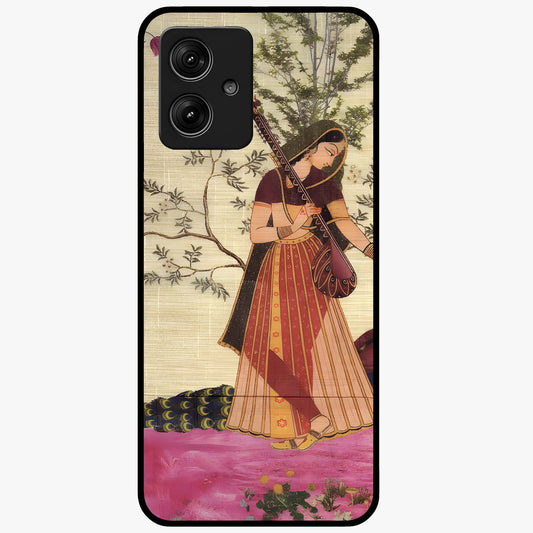 Lady With Veena Art Glass Case showing flat back view with elegant woman playing veena artwork and glossy glass finish.