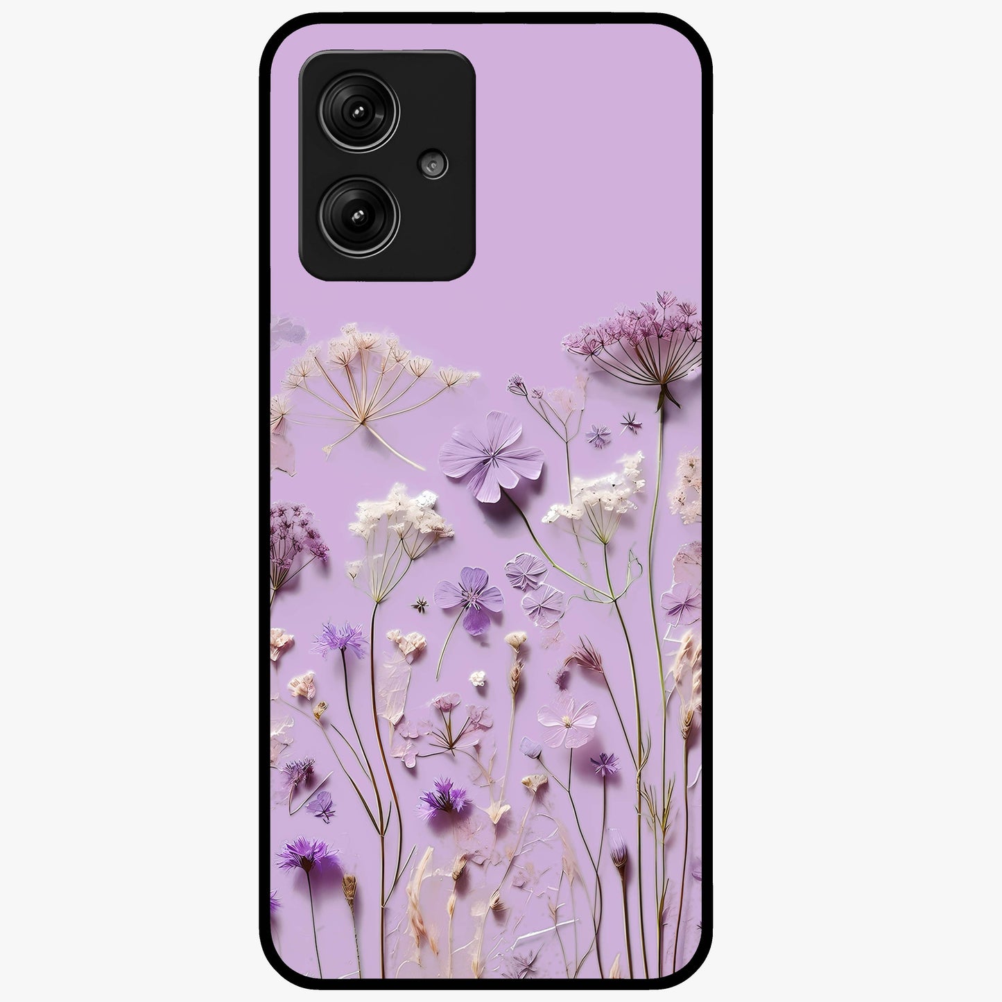 Lavender Blossom Dream Glass Case showing flat back view with soft lavender floral artwork and glossy glass finish.