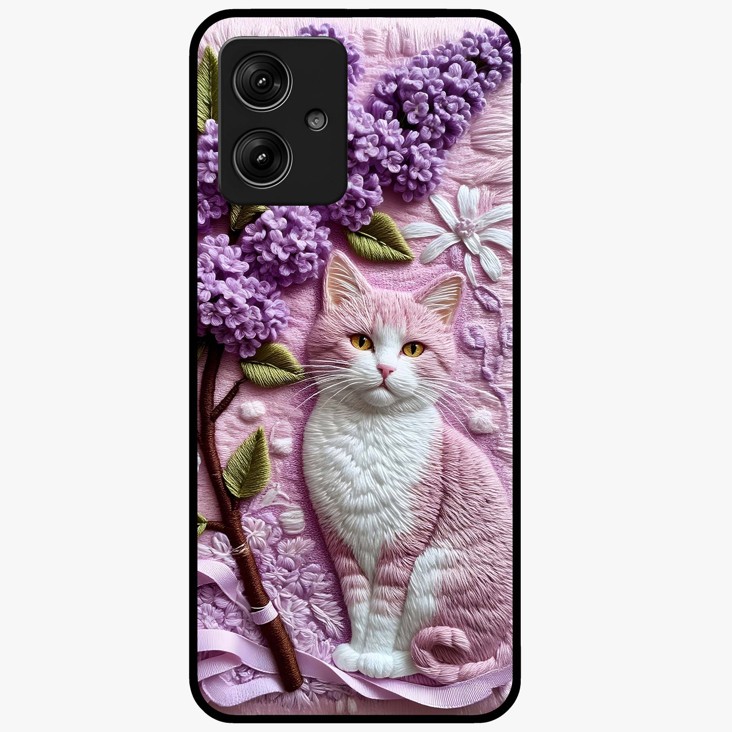 Lavender Cat Whimsy Glass Case showing flat back view with cute lavender cat artwork and glossy glass finish.