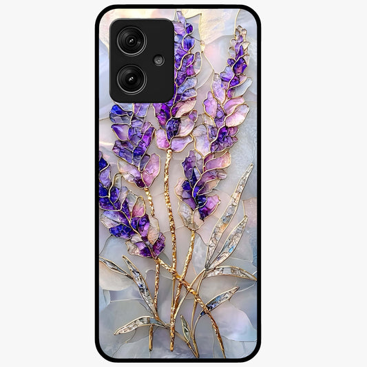 Lavender Dream Glow Glass Case showing flat back view with glowing lavender aesthetic artwork and glossy glass finish.