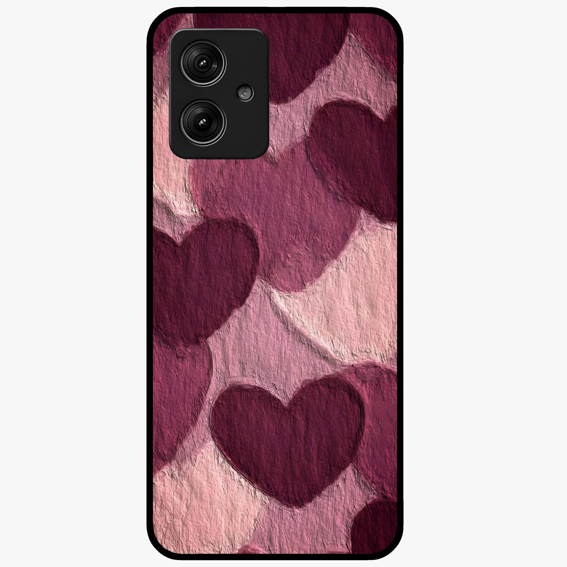 Layered Paper Hearts Glass Case showing flat back view with layered paper heart artwork and glossy glass finish.