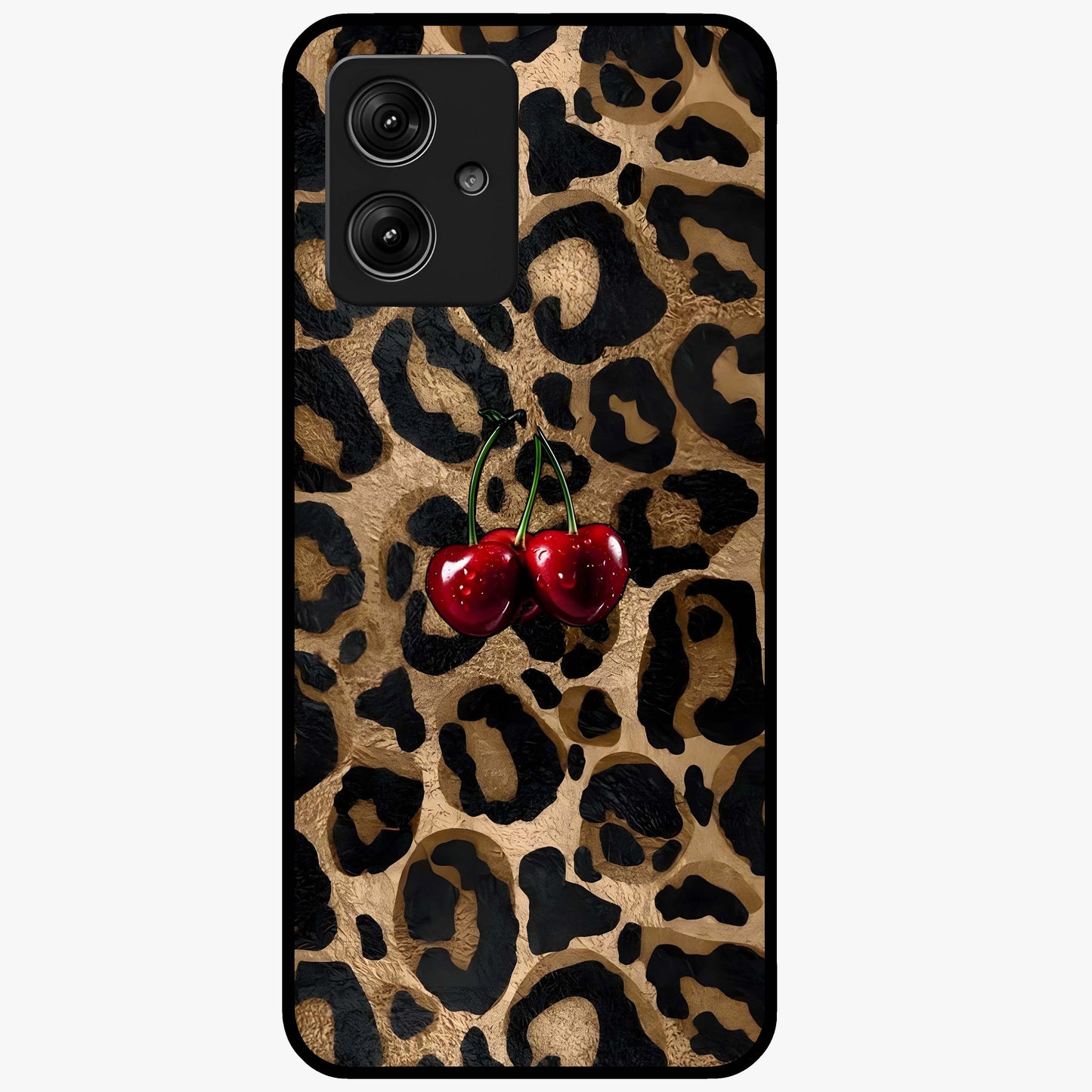 Leopard Wild Cherry Glass Case showing flat back view with leopard pattern and cherry artwork and glossy glass finish.