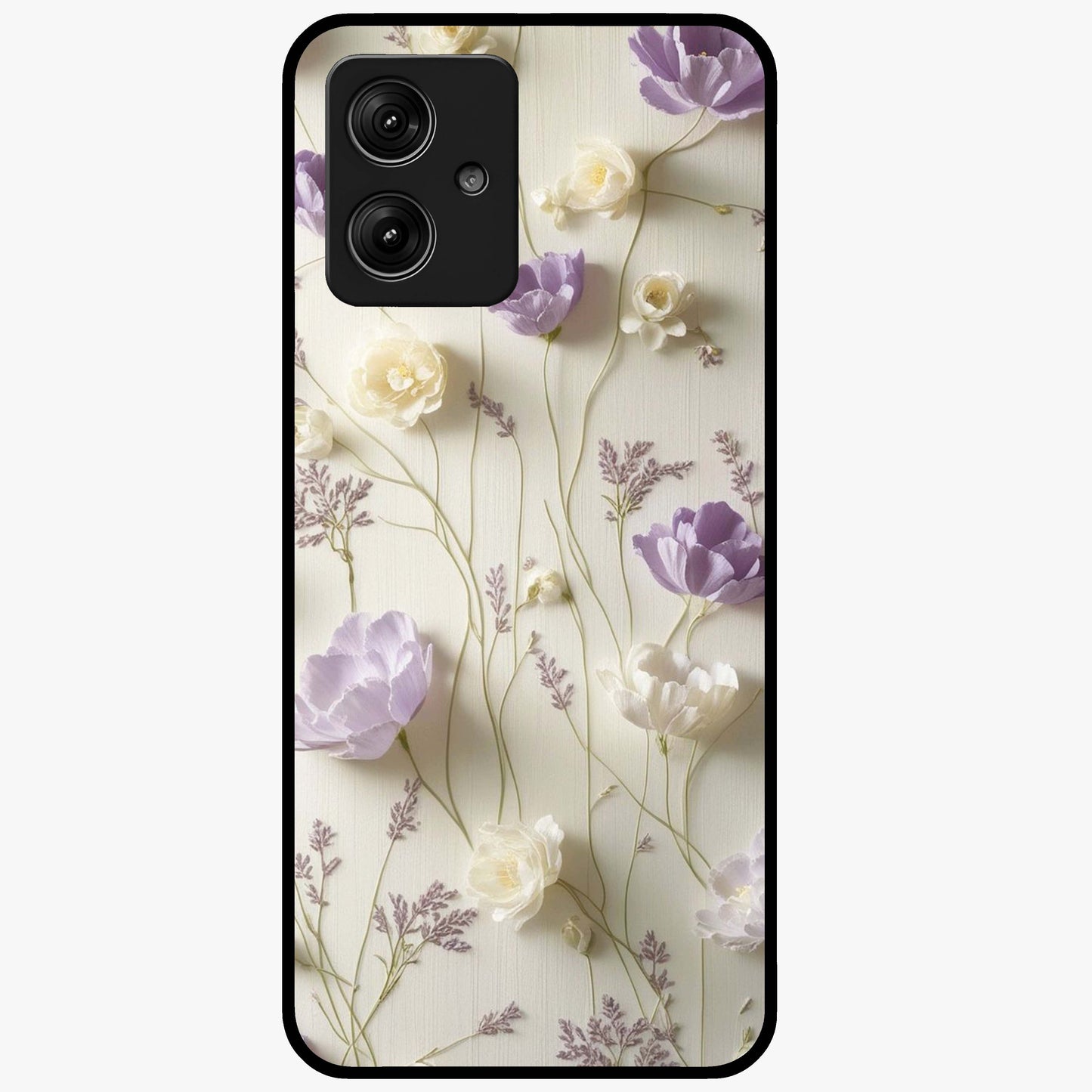 Lilac Breeze Harmony Glass Case showing flat back view with soft lilac themed artwork and glossy glass finish.