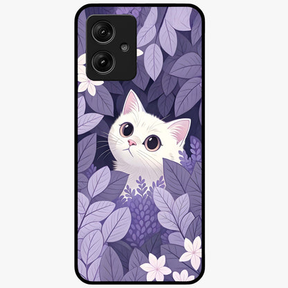 Lilac Hide Peek Cat Glass Case showing flat back view with cute peeking cat artwork and glossy glass finish.