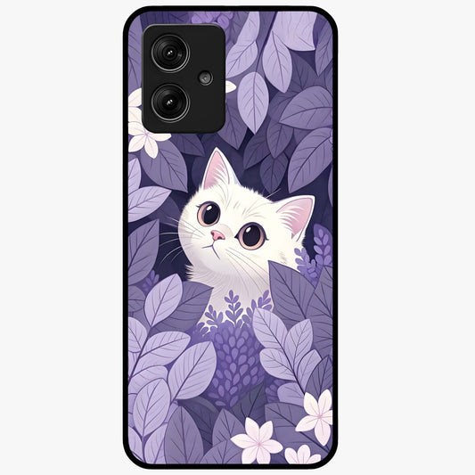 Lilac Hide Peek Cat Glass Case showing flat back view with cute peeking cat artwork and glossy glass finish.