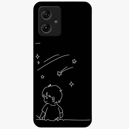 Line Art Boy With Shooting Stars Glass Case showing flat back view with minimal line art boy and shooting stars illustration and glossy glass finish.