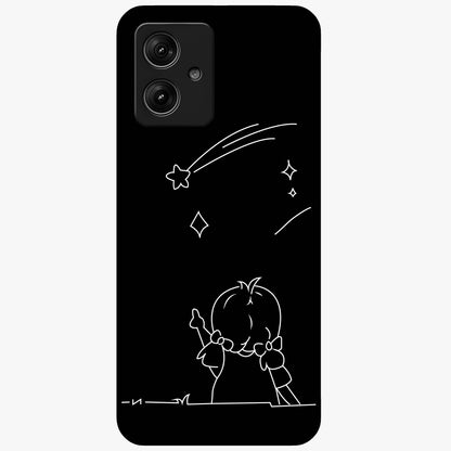 Line Art Girl With Shooting Stars Glass Case showing flat back view with minimal line art girl and shooting stars illustration and glossy glass finish.