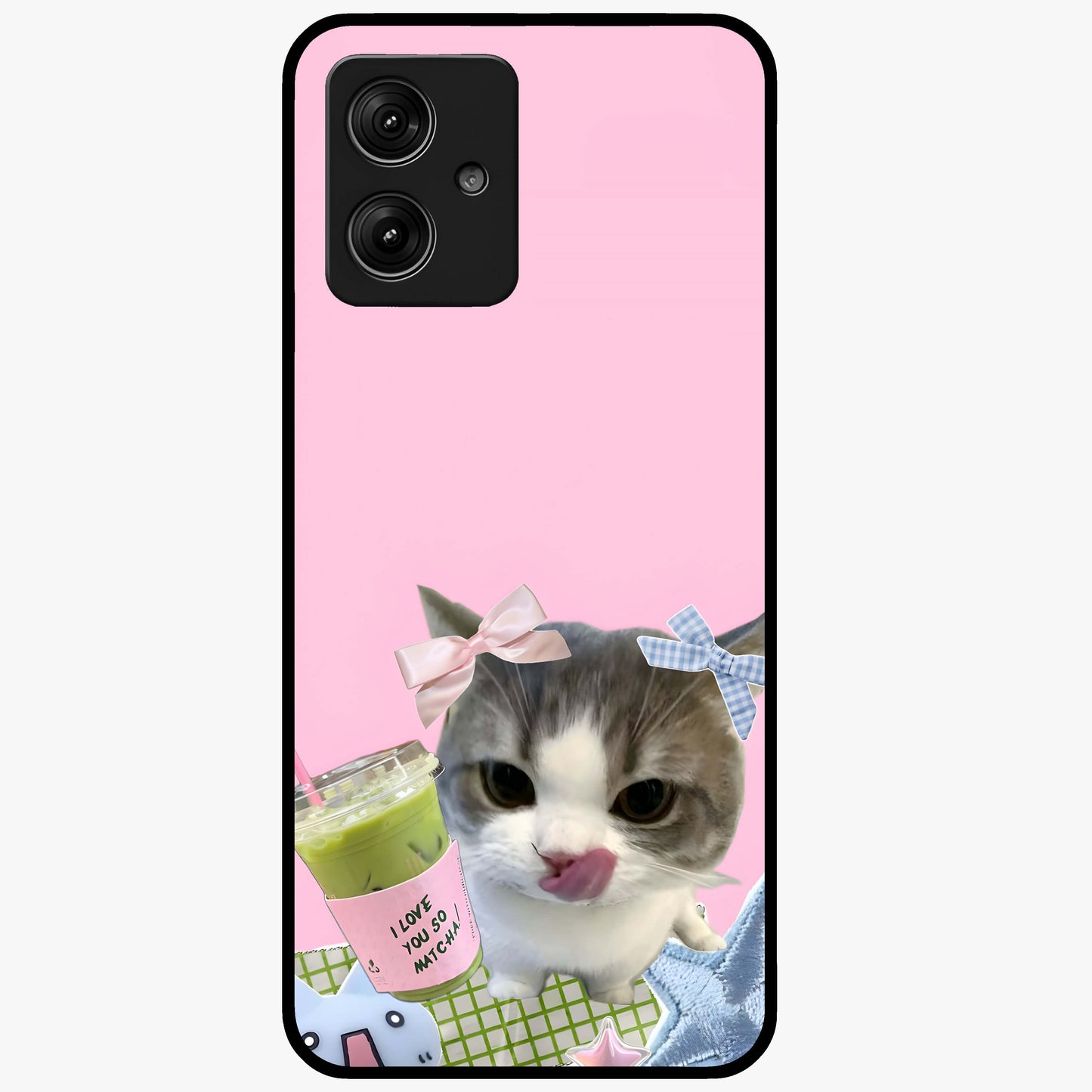 Love Matcha Cat Glass Case showing flat back view with cute cat and matcha themed artwork and glossy glass finish.