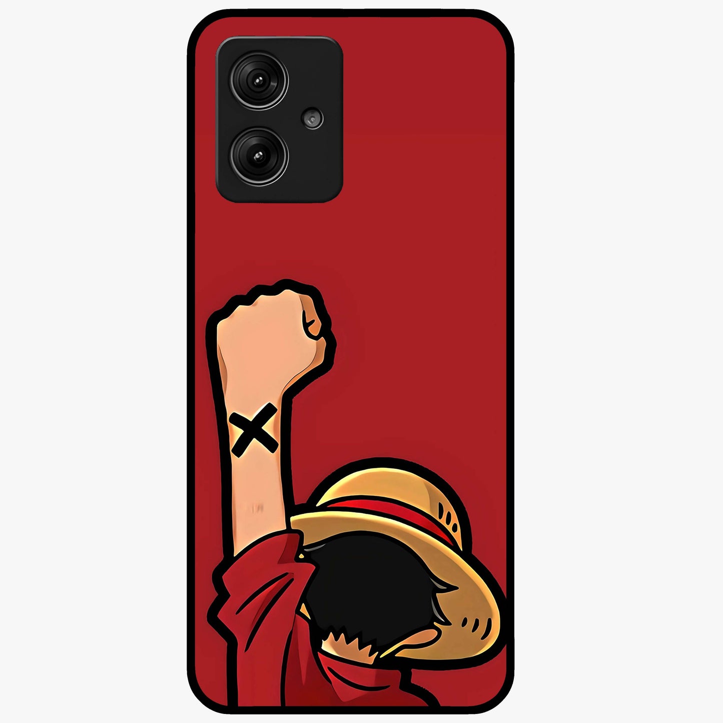 Luffy X Spirit Glass Case showing flat back view with bold anime character artwork and glossy glass finish.