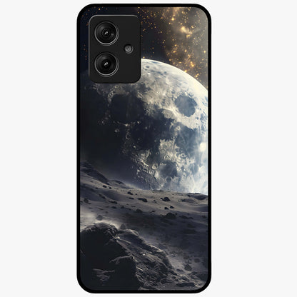 Lunar Horizon Glow Glass Case showing flat back view with glowing moon horizon artwork and glossy glass finish.