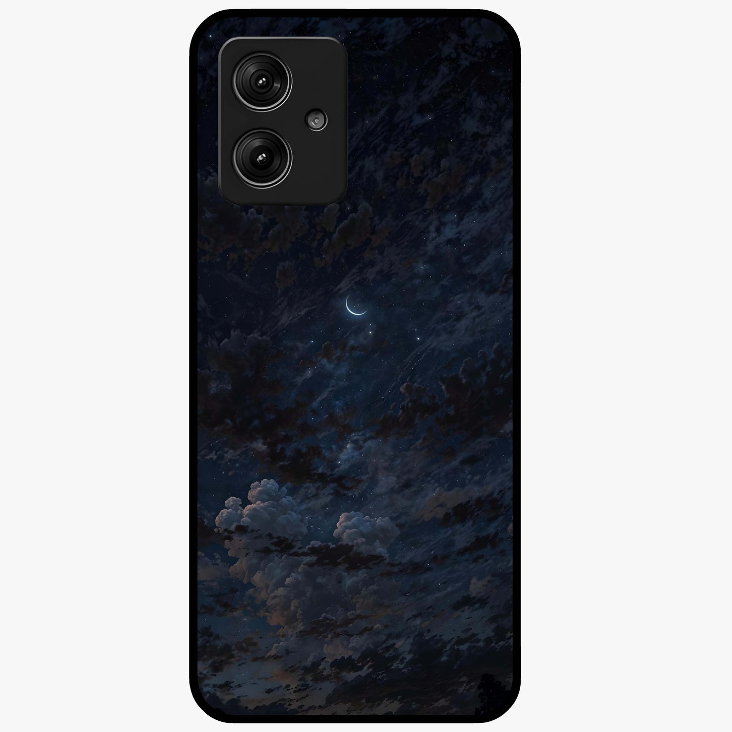 Lunar Veil Silence Glass Case showing flat back view with mystical moon veil artwork and glossy glass finish.