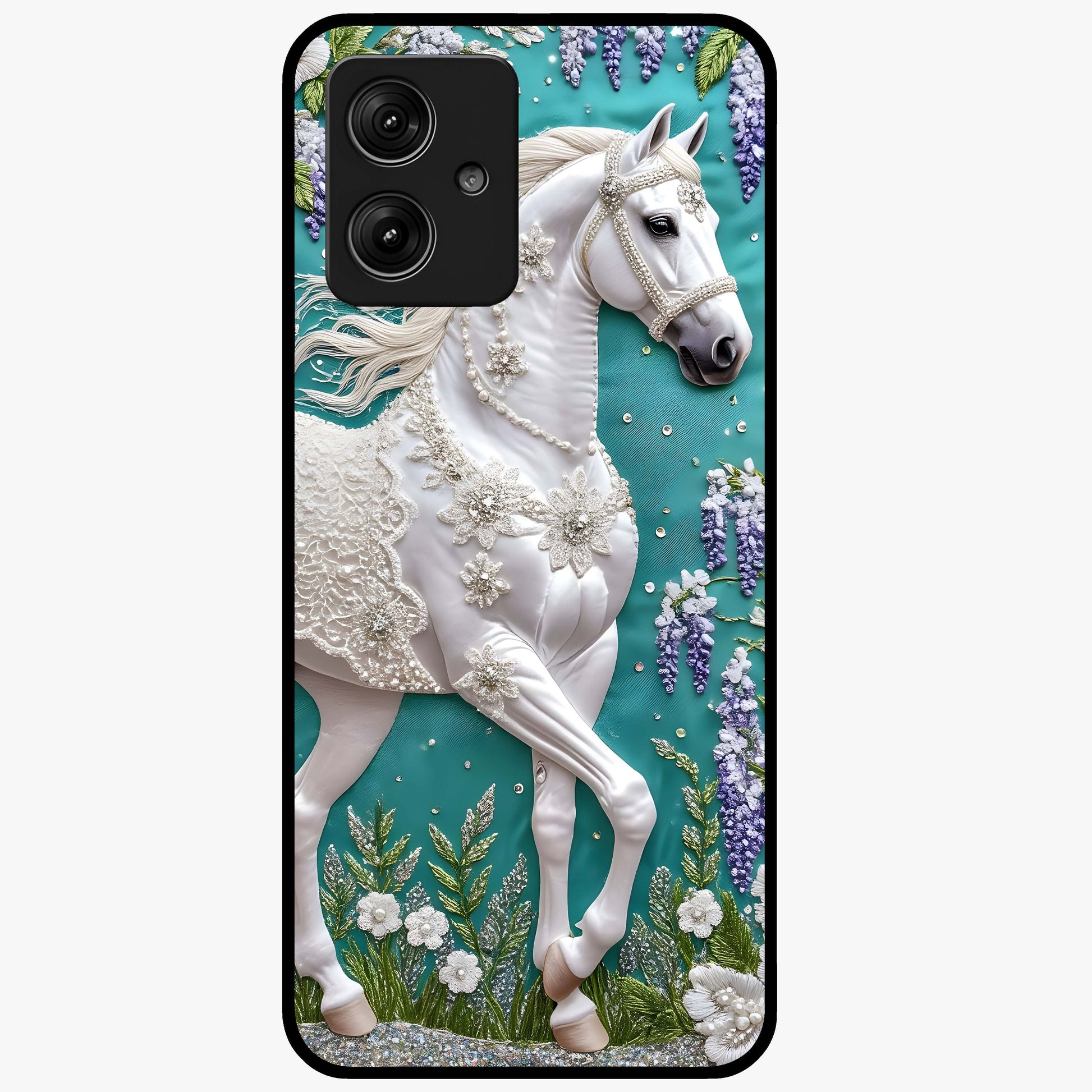 Majestic Floral Stallion Glass Case showing flat back view with powerful horse and floral artwork and glossy glass finish.
