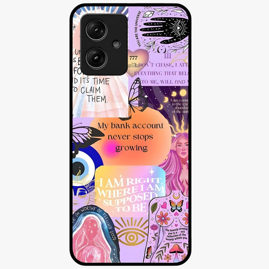 Manifestation Collage Glass Case showing flat back view with motivational collage artwork and glossy glass finish.