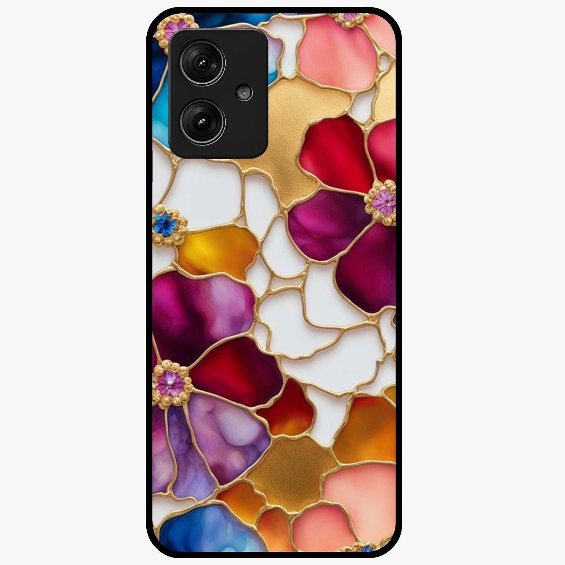 Marble Flower Pattern Glass Case showing flat back view with marble texture floral artwork and glossy glass finish.