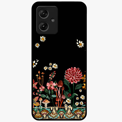 Midnight Bloom Pattern Glass Case showing flat back view with dark floral pattern artwork and glossy glass finish.