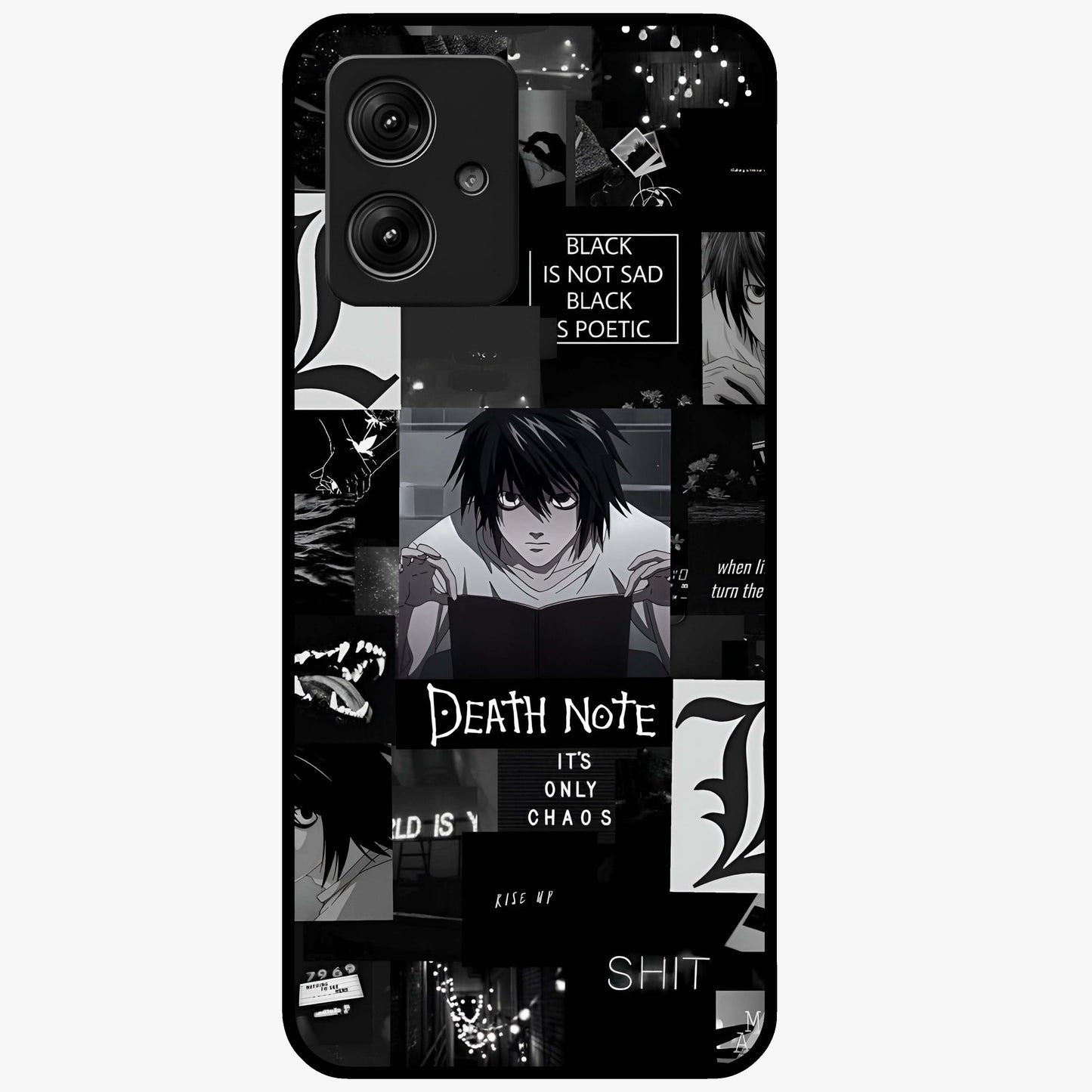 Midnight Chaos Mind Glass Case showing flat back view with abstract dark themed artwork and glossy glass finish.