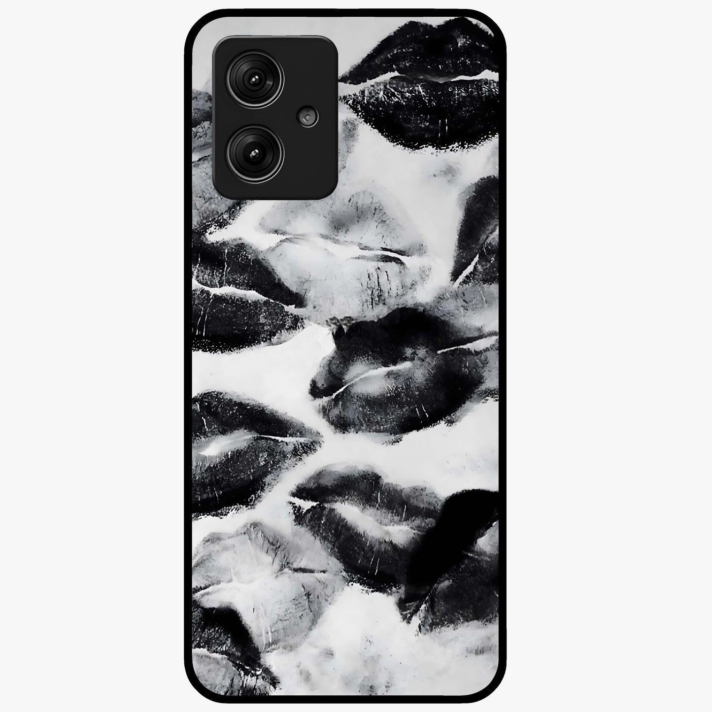 Midnight Kiss Marks Glass Case showing flat back view with lipstick kiss mark artwork and glossy glass finish.