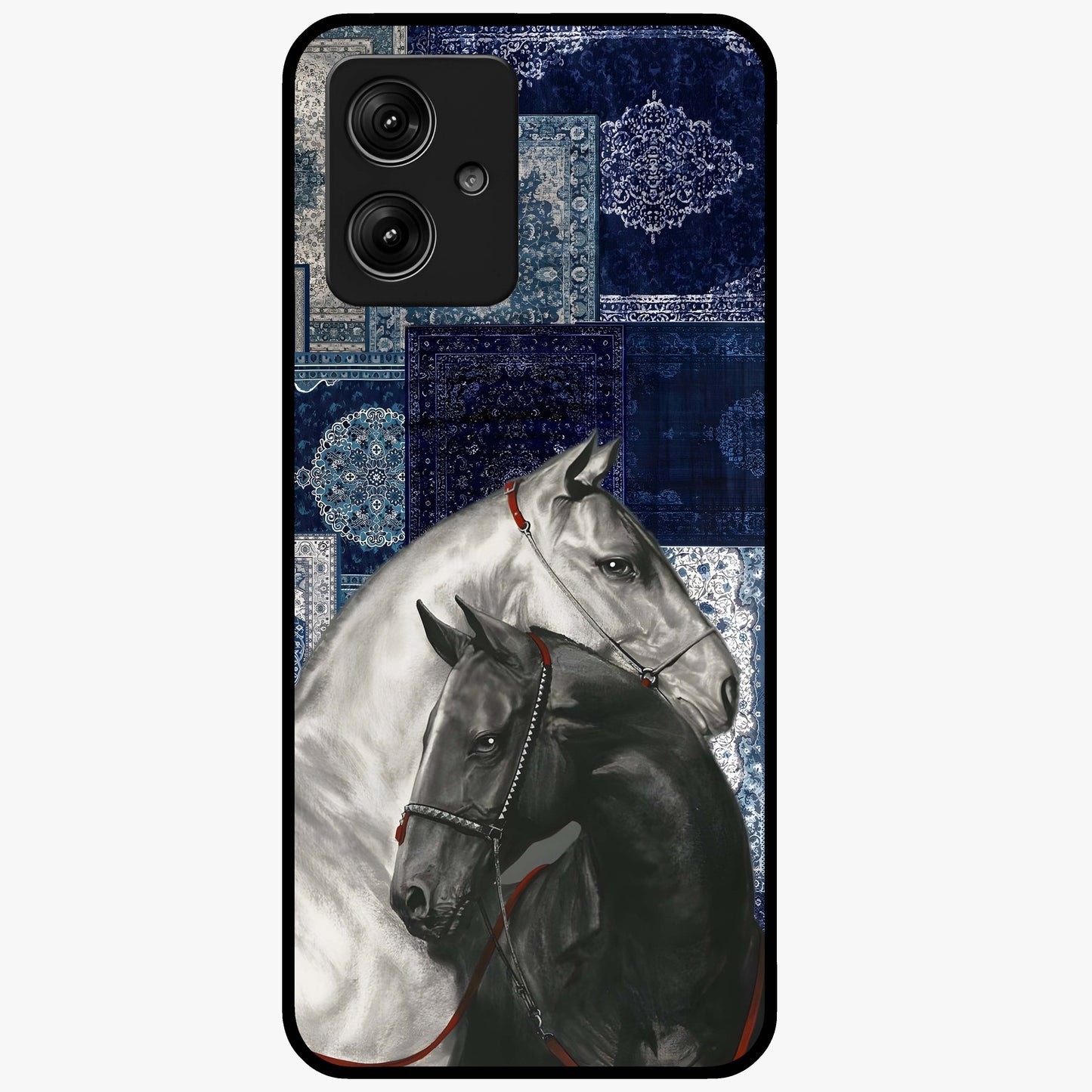 Midnight Stallion Blues Glass Case showing flat back view with majestic horse artwork and glossy glass finish.