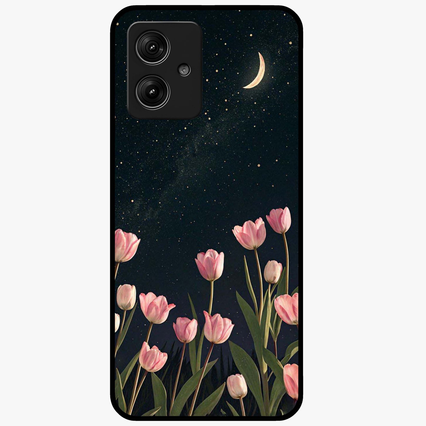 Midnight Tulip Whispers Vibe Glass Case showing flat back view with elegant tulip flower artwork and glossy glass finish.