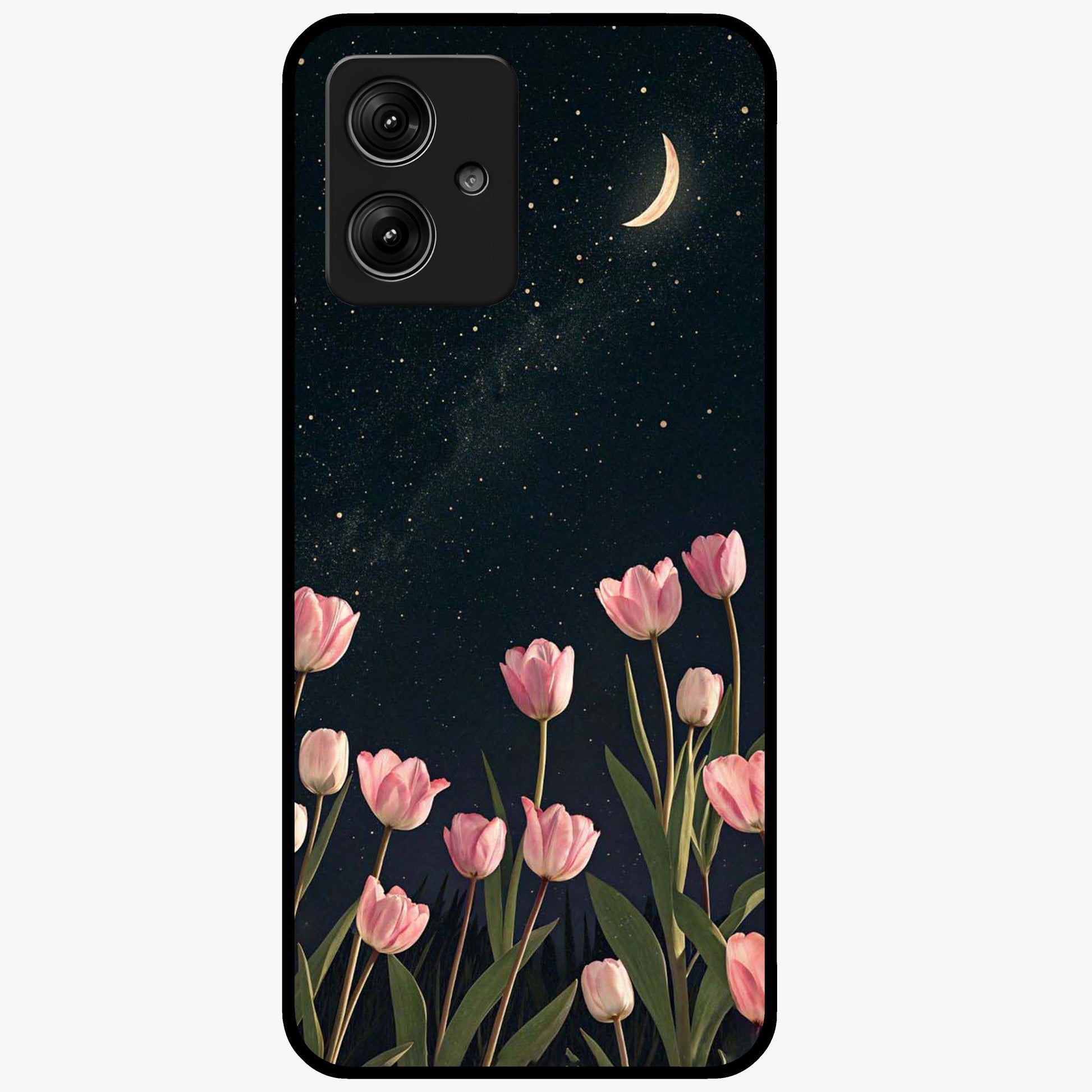 Midnight Tulip Whispers Vibe Glass Case showing flat back view with elegant tulip flower artwork and glossy glass finish.